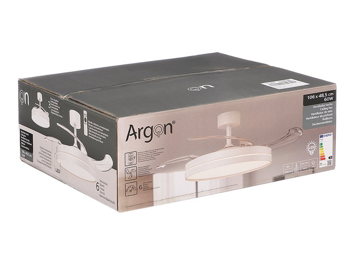 Argon Ventilador de Techo Aro con 3 Aspas Plegables, Luz Calida-Fria-Blanca y 6 Velocidades, 48.5x28.2x48.5 cm Desplegado 106 cm, Color Blanco