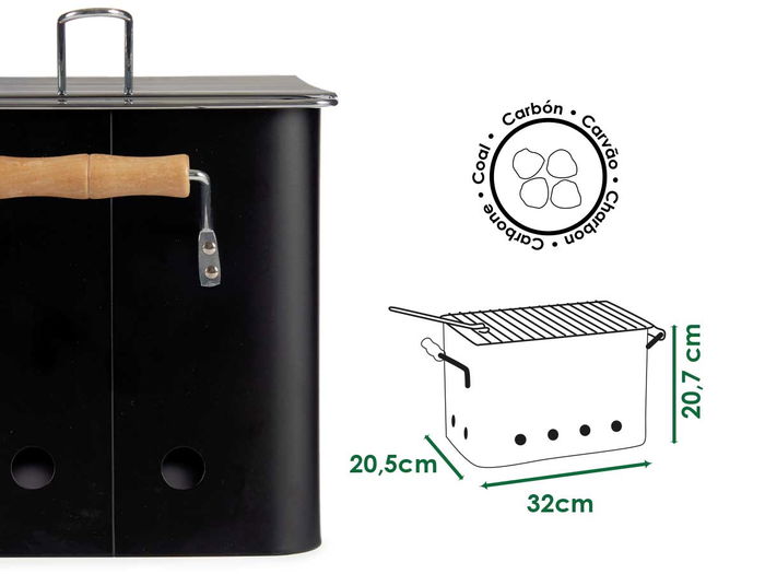 La Dehesa Barbacoa Portátil Rectangular con Asas Color Negro 44x22x24.5 cm (Set de 4)