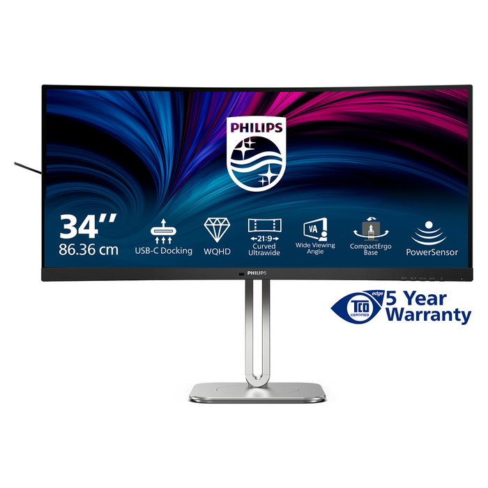 Philips 34B2U5600C Monitor Curvo 34" (86.4 cm) Dual QHD 3440x1440, 120Hz, 4ms, VA, USB-C, Altavoces, Gris