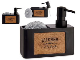 Kinvara Dispensador Soporte Esponja Negro Grabado Madera con Estropajo, Negro/Marrón, ABS/Poli Resina, Dimensiones 14.8x13.8x6.2 cm (Set de 12)
