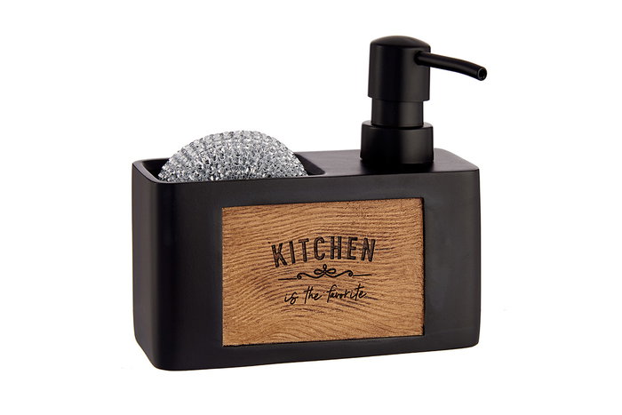 Kinvara Dispensador Soporte Esponja Negro Grabado Madera con Estropajo, Negro/Marrón, ABS/Poli Resina, Dimensiones 14.8x13.8x6.2 cm (Set de 12)