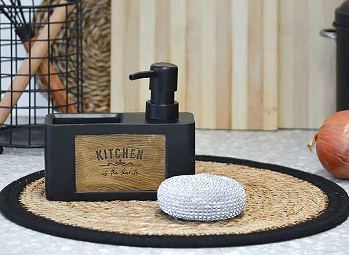 Kinvara Dispensador Soporte Esponja Negro Grabado Madera con Estropajo, Negro/Marrón, ABS/Poli Resina, Dimensiones 14.8x13.8x6.2 cm (Set de 12)