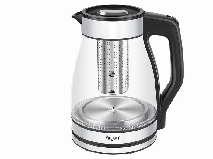 Argon Hervidor Acero Borosilicato LED 1,5 L con Filtro Transparente, Negro, Plata 20x24x16cm (Set de 6)