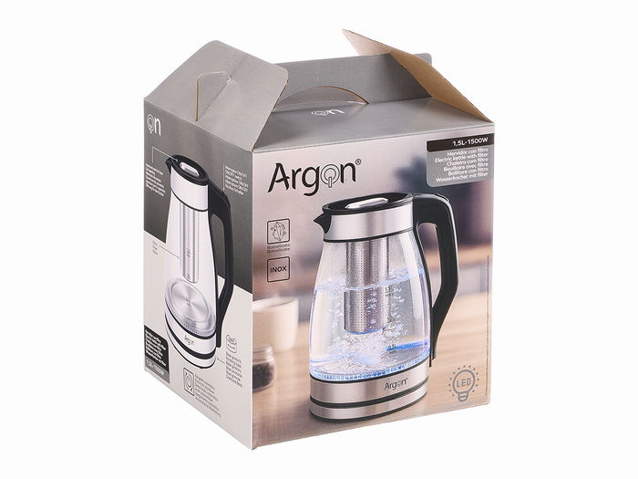 Argon Hervidor Acero Borosilicato LED 1,5 L con Filtro Transparente, Negro, Plata 20x24x16cm (Set de 6)