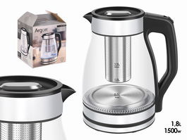 Argon Hervidor Acero Borosilicato LED 1,5 L con Filtro Transparente, Negro, Plata 20x24x16cm (Set de 6)