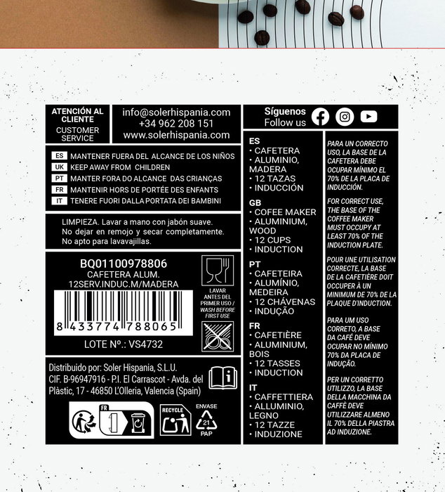 Quttin Cafetera Inducción 12 servicios Mango Madera 600ml (6 Unidades) Quttin Cafetera Inducción 12 servicios Mango Madera 600ml (6 Unidades)