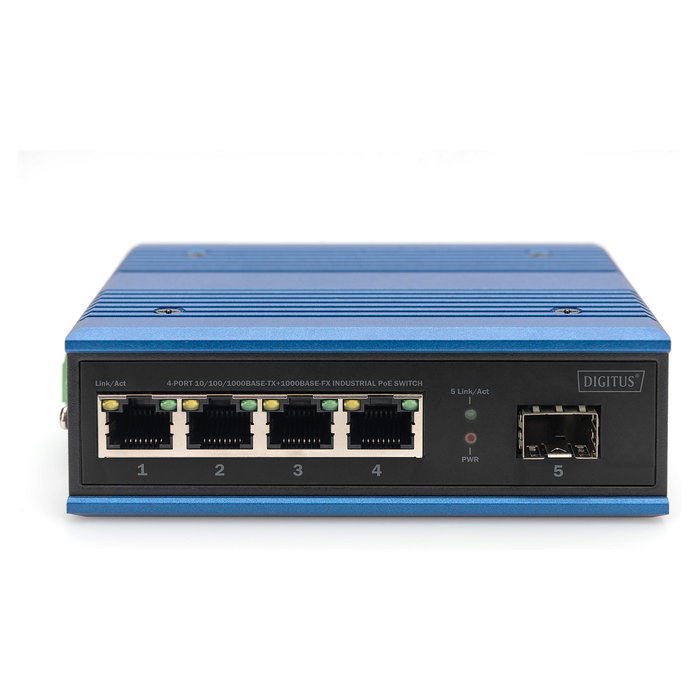 Digitus Conmutador de Red Industrial 4 Puertos Gigabit PoE Unmanaged con 1 Uplink SFP, Montaje en Rail DIN, IP40, 30W de Presupuesto PoE