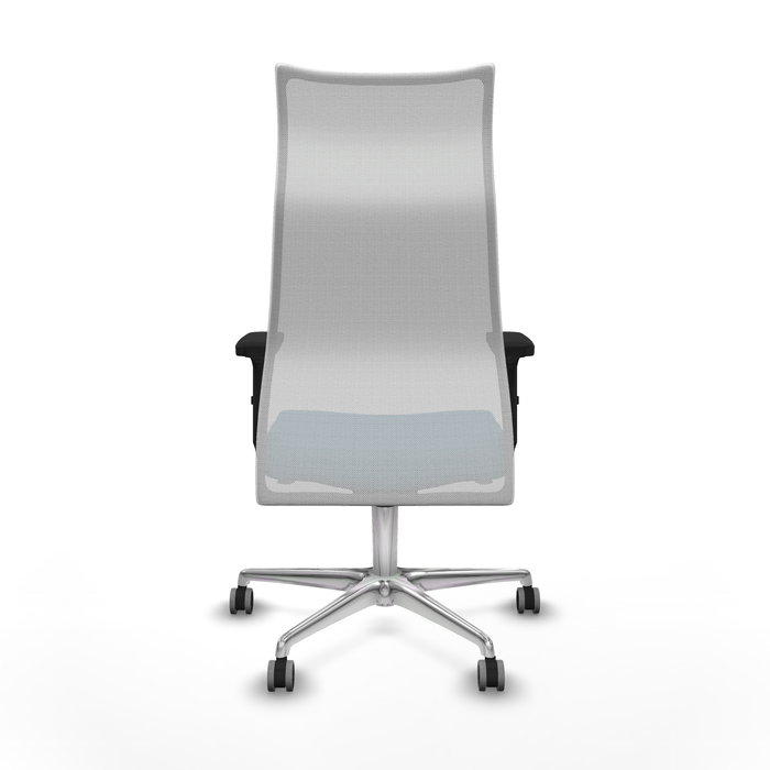 Sillón Albacete con mecanismo Sincro tapizada con Tela color Verde petróleo y malla color Blanco. Equipado con Base aluminio, Brazos 2D y Ruedas 65 mm parqué