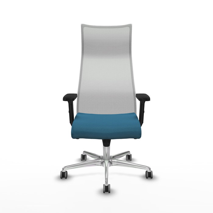 Sillón Albacete con mecanismo Sincro tapizada con Tela color Verde petróleo y malla color Blanco. Equipado con Base aluminio, Brazos 2D y Ruedas 65 mm parqué