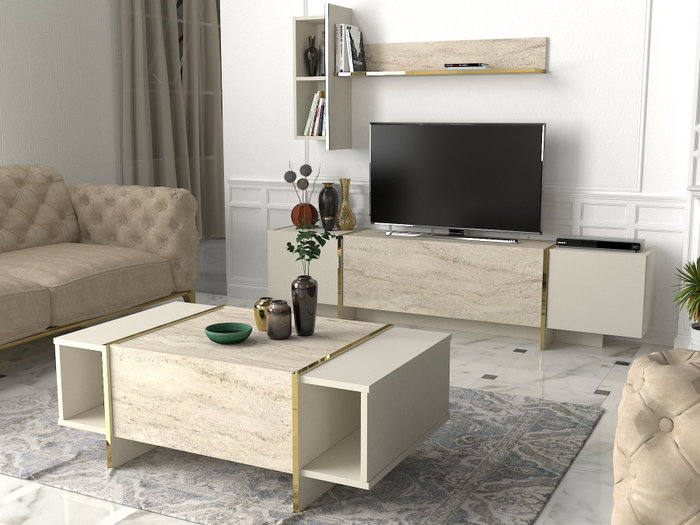 Hanah Home Mesa de Café de Mármol Travertino y Arenisca, Mesa Auxiliar Elegante para Sala de Estar, 103.8x37.3x60 cm