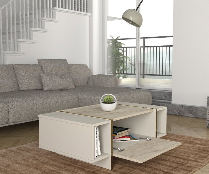 Hanah Home Mesa de Café de Mármol Travertino y Arenisca, Mesa Auxiliar Elegante para Sala de Estar, 103.8x37.3x60 cm