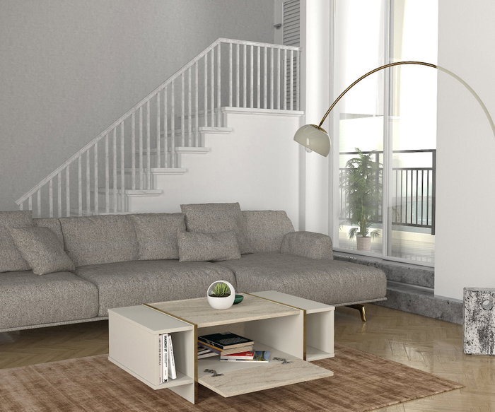 Hanah Home Mesa de Café de Mármol Travertino y Arenisca, Mesa Auxiliar Elegante para Sala de Estar, 103.8x37.3x60 cm