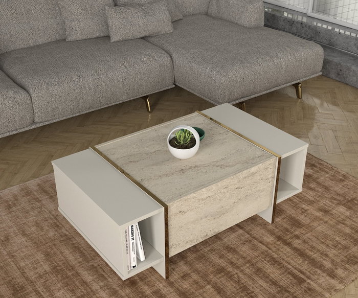 Hanah Home Mesa de Café de Mármol Travertino y Arenisca, Mesa Auxiliar Elegante para Sala de Estar, 103.8x37.3x60 cm