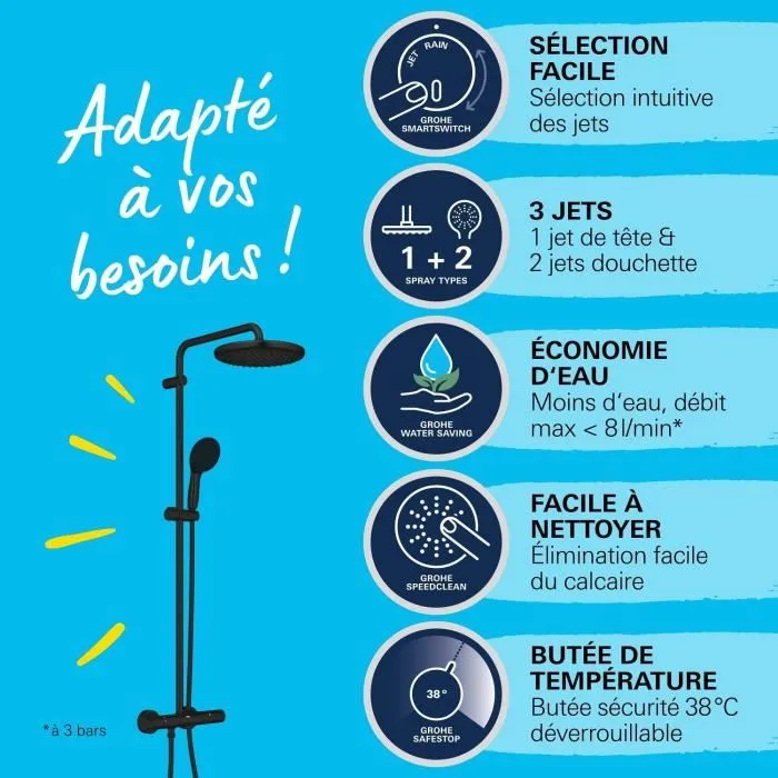 Grohe Vitalio Start System 250 Columna de ducha con mezclador termostático - Ahorro de agua - Negro mate - 266772431