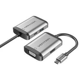 Vention TFAHB Adaptador Gráfico USB-C a HDMI VGA con Hub USB-A y PD, Cable 15 cm, Color Gris