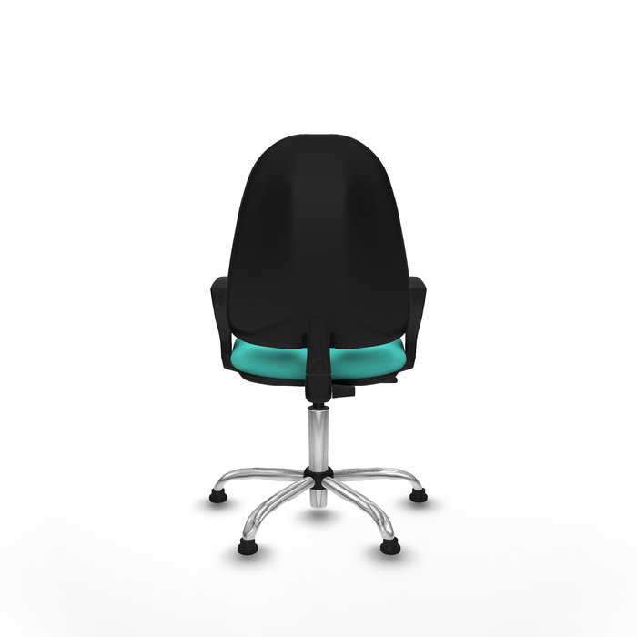 Silla de oficina Algarra con mecanismo Contacto permanente básico tapizada con Similpiel color Turquesa. Equipada con Base cromada, Brazos fijosy Topes