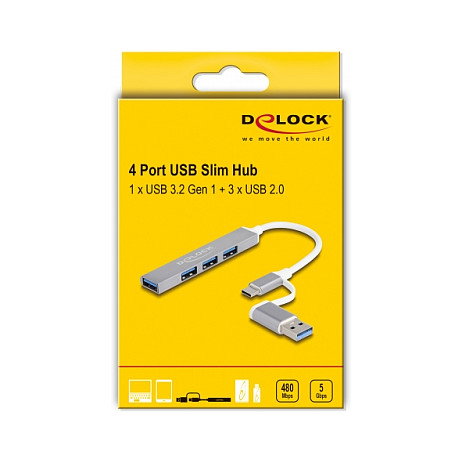 DeLOCK Hub USB 4 Puertos USB-C y Tipo-A a 3x USB 2.0 y 1x USB 3.2 Gen 1 5 Gbps, Plata Metal