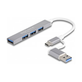 DeLOCK Hub USB 3.2 Gen 1 de 4 Puertos (3x USB 2.0 + 1x USB 5 Gbps), Conexión USB Tipo-A o Tipo-C, Plug & Play, Plata