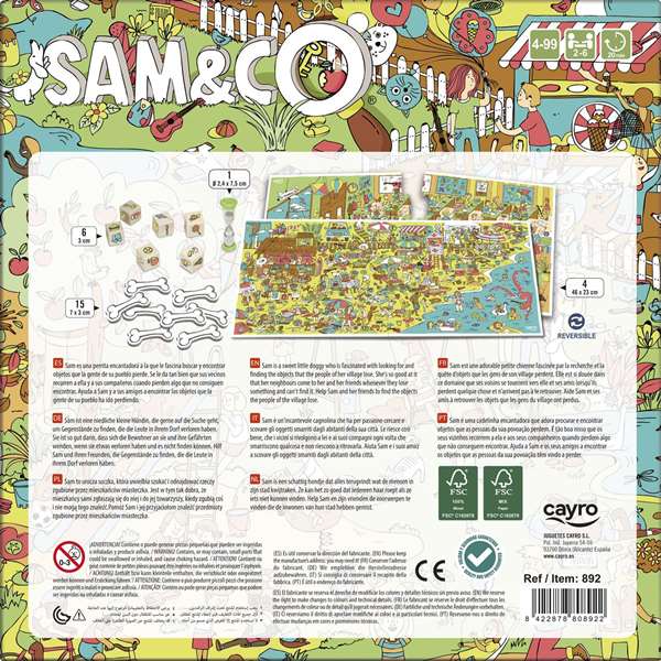 Cayro - Juego de Mesa Ayuda a Sam y Amigos - Juego de Búsqueda de Objetos Perdidos para Niños de 4+ Años y Familiares, 2 Jugadores, con Tablero Reversible, Huesos y Dados