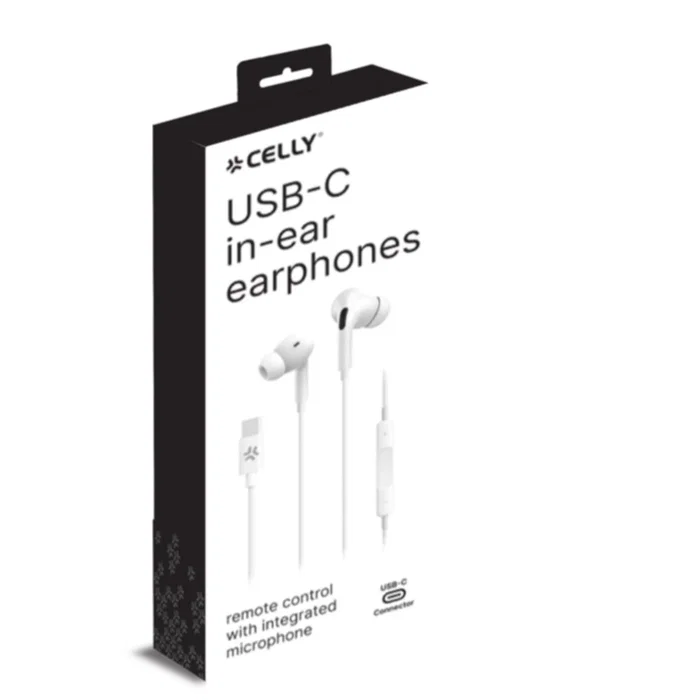 CELly UP1200TYPECWH Auriculares Intraurales Alámbricos con Micrófono y Control de Volumen, USB-C, Blanco, Compatible con Apple, Samsung, Huawei, Xiaomi, Llamadas y Música