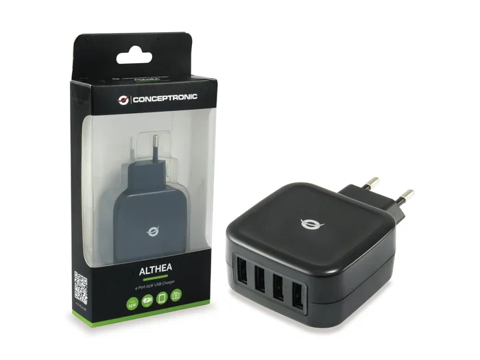 Conceptronic ALTHEA04B Cargador de Pared 4 Puertos USB 2.0, 25W, 5V, Negro, Universal, para Móviles