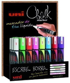 Uni-Ball Marcador de Tiza Líquida Chalk PWE-5, Expositor 36 Unidades, Colores Surtidos, Punta Cónica, Resistente al Agua