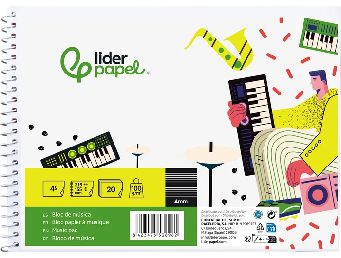 Liderpapel Bloc de música pentagrama 4mm cuarto 20 hojas 100 g Liderpapel Bloc de música pentagrama 4mm cuarto 20 hojas 100 g