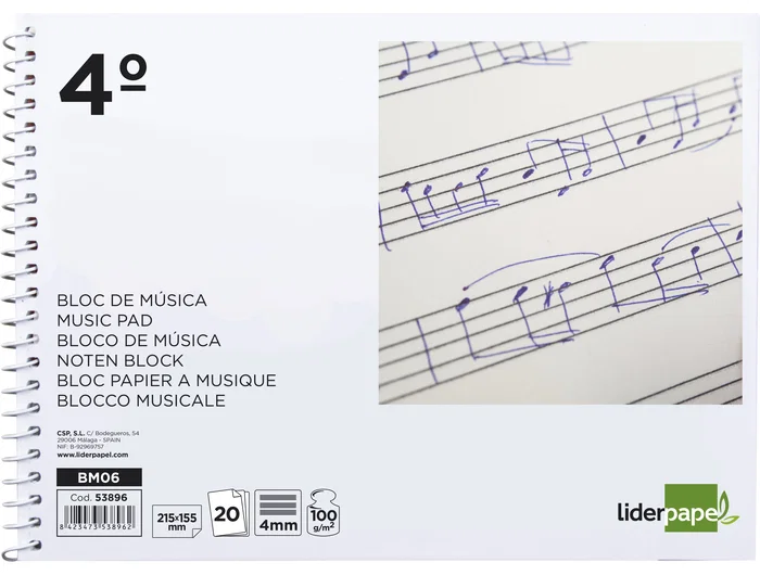 Liderpapel Bloc de Música Pentagrama 4mm Cuarto Apaisado 20 Hojas 100 g/m2