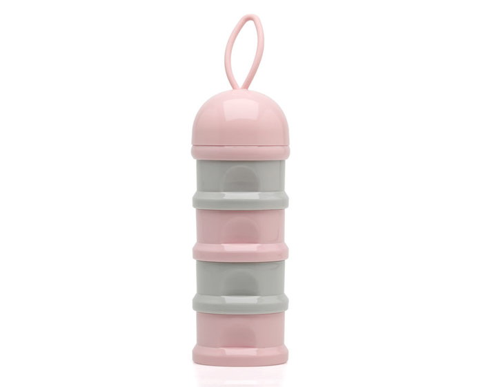 KioKids Dosificador Torre de Leche en Polvo Rosa y Gris 340 mL con 4 Compartimentos y Embudo