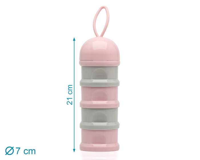 KioKids Dosificador Torre de Leche en Polvo Rosa y Gris 340 mL con 4 Compartimentos y Embudo