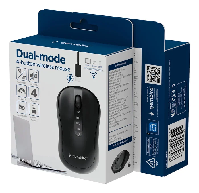Gembird MUSW2-4B-01 Ratón Inalámbrico Dual Mode Negro