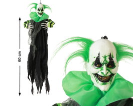 Figura Payaso Colgante de Miedo para Halloween - 60 cm, Pelo Verde Fosforito y Maquillaje Macabro, Decoración Terrorífica para Fiestas y Pasajes del Miedo