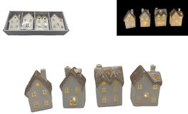 DKD Home Decor Set de 4 Decoraciones Luminosas en Cerámica Blanco y Dorado