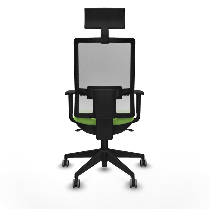 Silla de oficina Horna con mecanismo Sincro tapizada con Tela color Pistacho y malla color Blanco. Equipada con lumbar 1D, Brazos 1D, Cabecero Fijo y Ruedas 65 mm parqué