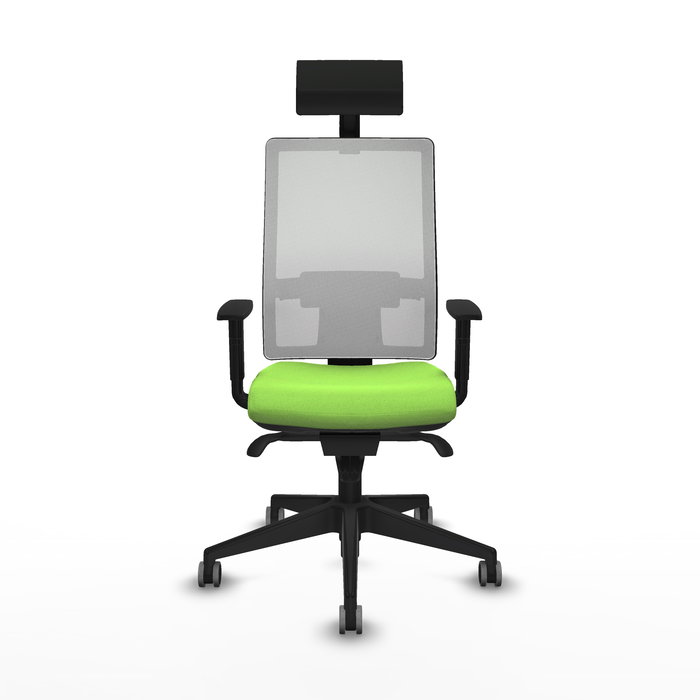 Silla de oficina Horna con mecanismo Sincro tapizada con Tela color Pistacho y malla color Blanco. Equipada con lumbar 1D, Brazos 1D, Cabecero Fijo y Ruedas 65 mm parqué