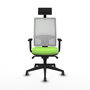 Silla de oficina Horna con mecanismo Sincro tapizada con Tela color Pistacho y malla color Blanco. Equipada con lumbar 1D, Brazos 1D, Cabecero Fijo y Ruedas 65 mm parqué