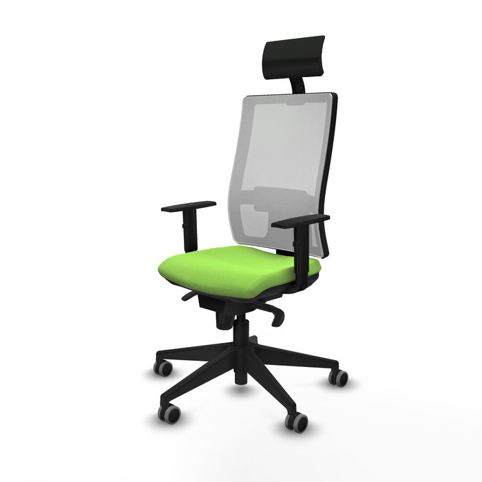 Silla de oficina Horna con mecanismo Sincro tapizada con Tela color Pistacho y malla color Blanco. Equipada con lumbar 1D, Brazos 1D, Cabecero Fijo y Ruedas 65 mm parqué