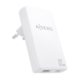 AISENS - CARGADOR DE PARED GaN ULTRA DELGADO 65W, 1xUSB-C PD3.0 QC4.0, 1xUSB-A QC3.0, BLANCO