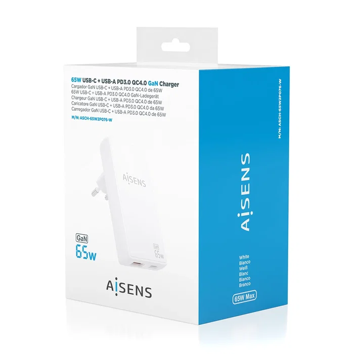 Aisens Cargador de Pared GaN 65W USB-C y USB-A Blanco ASCH-65W2P076-W Aisens Cargador de Pared GaN 65W USB-C y USB-A Blanco ASCH-65W2P076-W