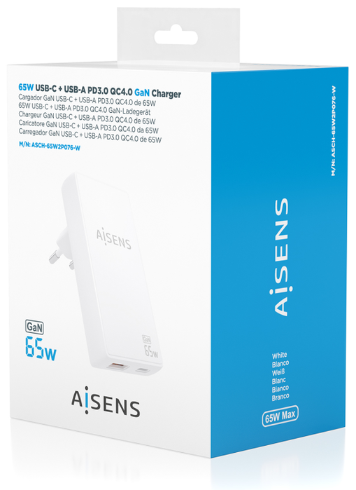 Aisens Cargador de Pared GaN Ultra Delgado 65W Blanco