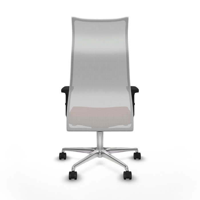 Sillón Albacete con mecanismo Sincro tapizada con Similpiel color Marrón y malla color Blanco. Equipado con Base aluminio, Brazos 2D y Ruedas 65mm nailon