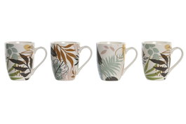 DKD Home Decor Set de 12 Tazas de Porcelana Hojas Multicolor 340 ml
