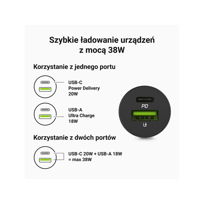 Green Cell GC PowerRide Nano38 Cargador para Coche 38W USB-C y USB-A Negro