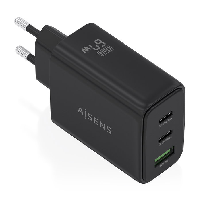Aisens Cargador de Pared GaN 67W con 2x USB-C y 1x USB-A