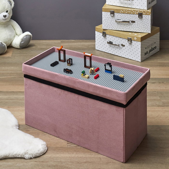 Home Deco Kids Banco-Puf Plegable Lego Rosa, Compatible con Piezas Lego, Madera MDF, 52x27x30 cm