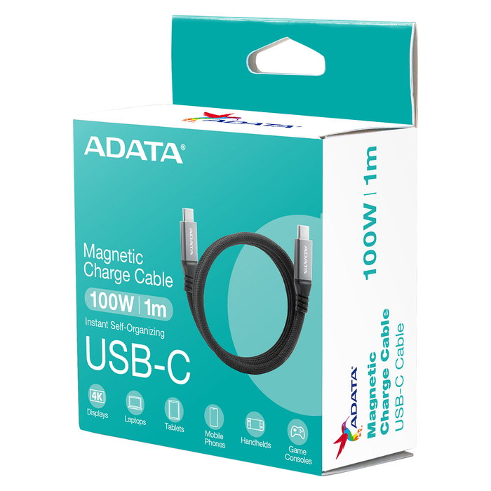 ADATA CACCU3-100W-100AN-BK Cable USB Tipo-C de Carga Magnética Nylon Trenzado 100W USB PD 3.0 10 Gbps Negro 1 m