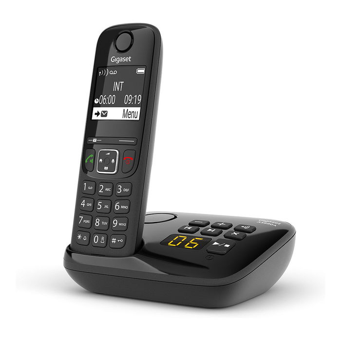 Gigaset AS690A Teléfono DECT/Analógico Inalámbrico con Contestador, Pantalla 2", 100 Entradas, Identificador de Llamadas, Negro