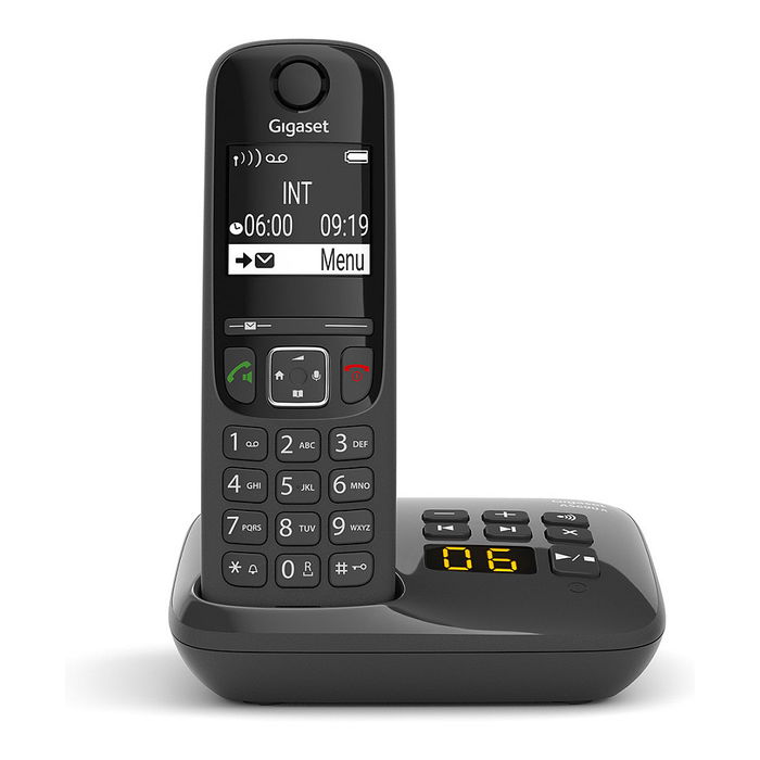 Gigaset AS690A Teléfono DECT/Analógico Inalámbrico con Contestador, Pantalla 2", 100 Entradas, Identificador de Llamadas, Negro