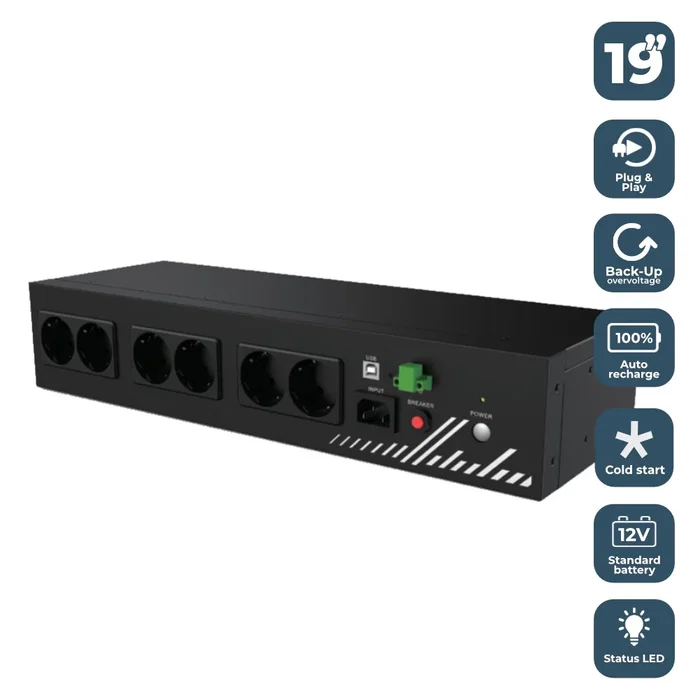 Phasak PH 9202 SAI UPS Línea Interactiva 800VA 480W para Rack 19" 2U con 8 Tomas Schuko, Alta Frecuencia, Plug & Play, USB HID/EPO, APFC, Software