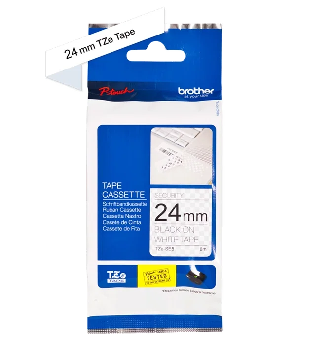 Brother TZe-SE5 Cinta de rotulación laminada de seguridad 24mm x 8m Negro sobre blanco Brother TZe-SE5 Cinta de rotulación laminada de seguridad 24mm x 8m Negro sobre blanco